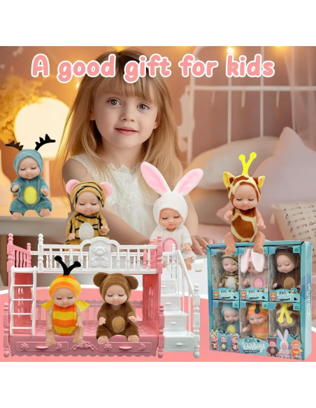 6 Mini Muñecas Bebé Adorables con Trajes de Animales y Cama