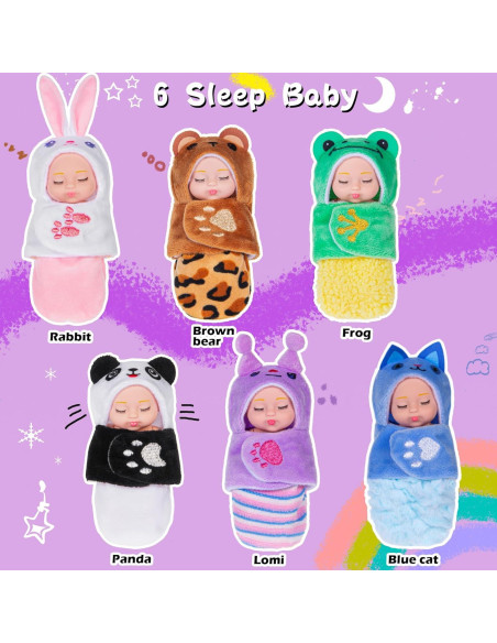 Paquete de 6 Mini Muñecas Bebé Dollbie 10 cm con Saco de Dormir
