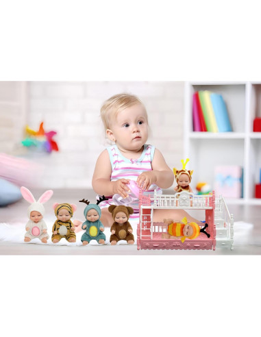 6 Mini Muñecas Bebé Adorables con Trajes de Animales y Cama