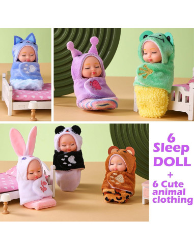 Paquete de 6 Mini Muñecas Bebé Dollbie 10 cm con Saco de Dormir