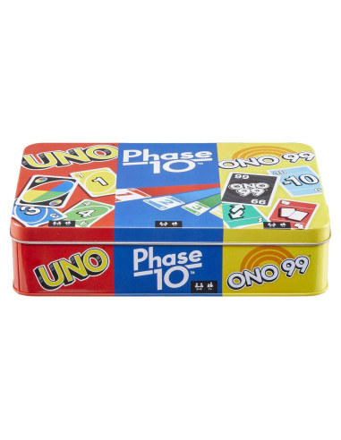 Juego de Cartas Mattel UNO, Phase 10 y ONO 99 en Lata