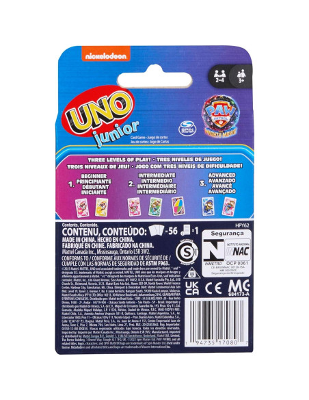 Juego de Cartas UNO Junior Mattel Patrulla Canina 3 Niveles