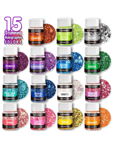 Purpurina Holográfica Gruesa LEOBRO 15 Colores 150g para Manualidades
