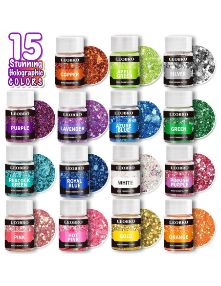 Purpurina Holográfica Gruesa LEOBRO 15 Colores 150g para Manualidades