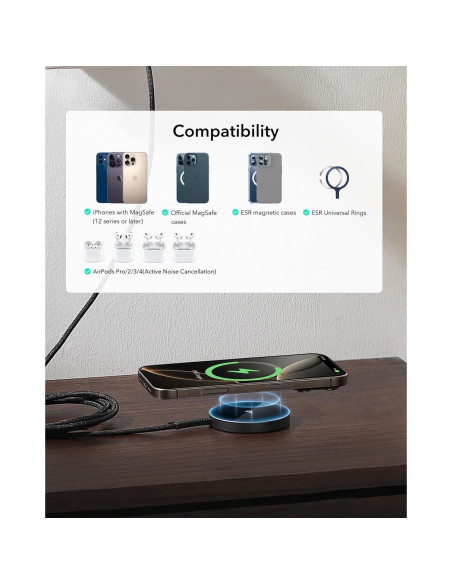 Cargador Inalámbrico ESR MagSafe 15W para iPhone y AirPods