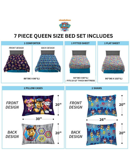 Juego de Ropa de Cama Paw Patrol Franco 7 Piezas Queen