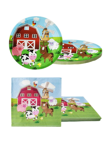 Juego de Vajilla de Fiesta Animales de Granja 20 Platos 20 Servilletas