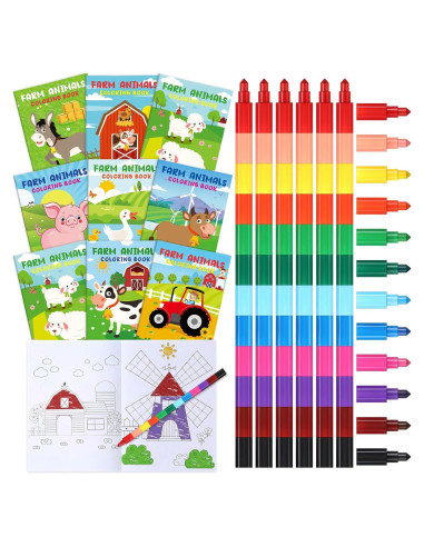 24 Libros para Colorear de Granja + Crayones Apilables