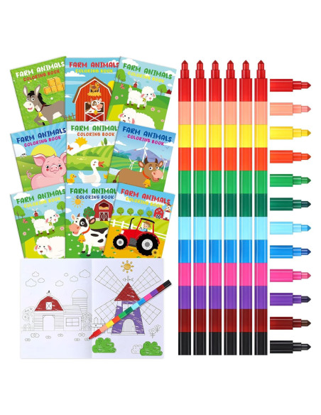 24 Libros para Colorear de Granja + Crayones Apilables