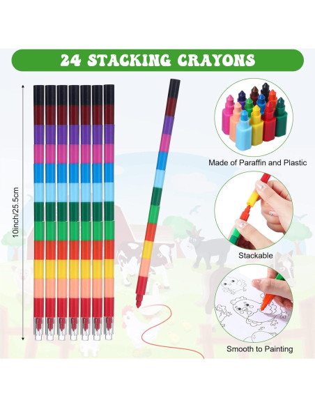 24 Libros para Colorear de Granja + Crayones Apilables