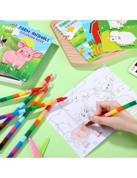 24 Libros para Colorear de Granja + Crayones Apilables