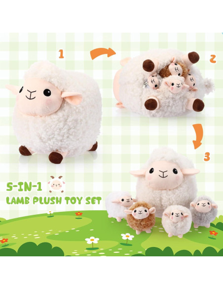 Conjunto 5 Animales de Peluche Oveja HyDren 30 cm y 11 cm