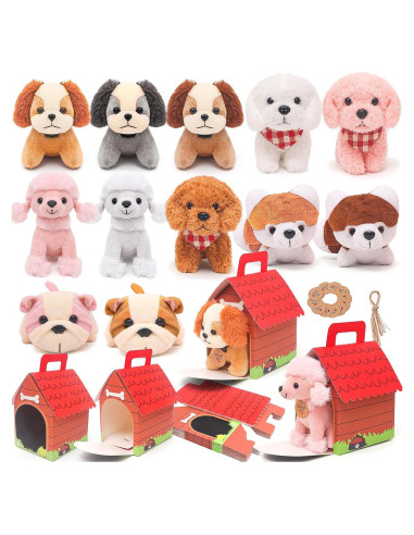 Juego de 12 Mini Perros de Peluche HAPGFS con Casa