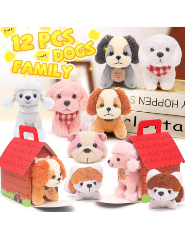 Juego de 12 Mini Perros de Peluche HAPGFS con Casa
