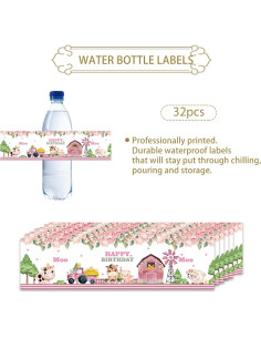 Etiquetas de Botellas de Agua Rosa 32 Piezas Cumpleaños Vaca 2