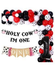 Kit de Decoración Cumpleaños Vaca Fangleland 1 Año Rojo y Negro
