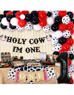 Kit de Decoración Cumpleaños Vaca Fangleland 1 Año Rojo y Negro 2