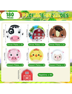 Juego de Platos y Servilletas de Animales de Granja 180PCS 2