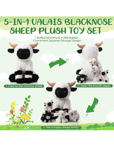 Conjunto de Peluches Oveja Lenwen 35 cm con 4 Corderitos