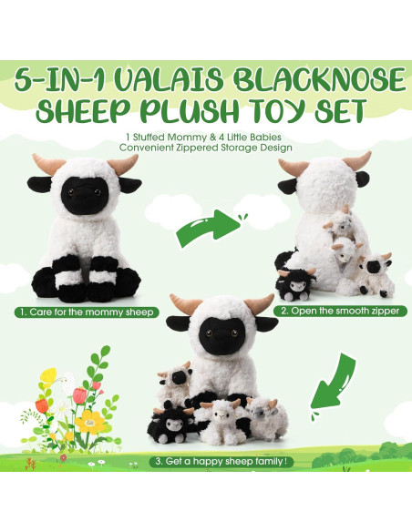 Conjunto de Peluches Oveja Lenwen 35 cm con 4 Corderitos