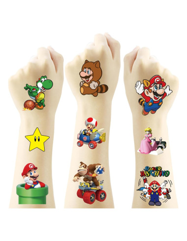 20 Hojas de Tatuajes Temporales Mario para Niños