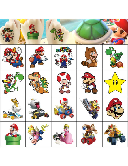 20 Hojas de Tatuajes Temporales Mario para Niños