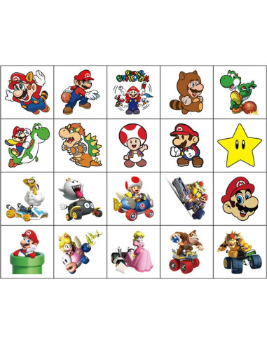 20 Hojas de Tatuajes Temporales Mario para Niños