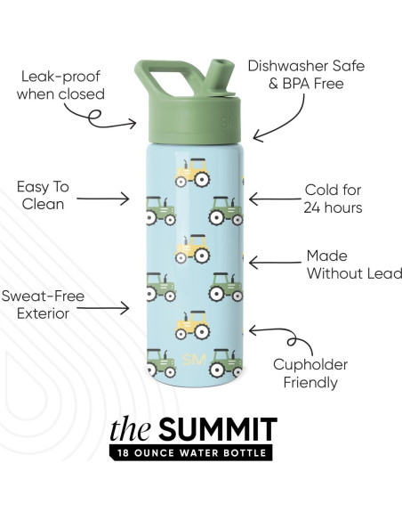 Botella de Agua Aislada Simple Modern 532 ml Tapa Pajita Tractor