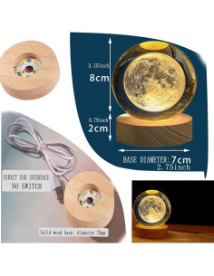 Lámpara de Esfera de Cristal KAZETEC 3D Luna 80 mm Luz Cálida 2