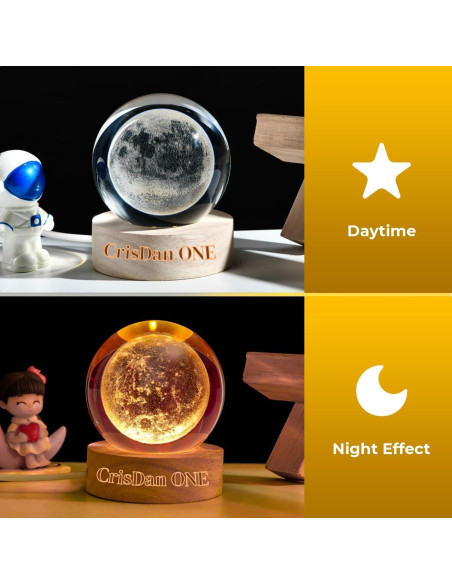 Lámpara de Luna 3D CRISDAN Esfera de Cristal Base de Madera