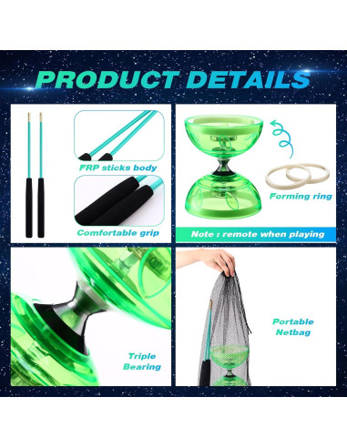 Juego de Diabolo Chino LED Simgoing Verde con Varitas y Cuerda