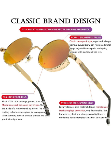 Gafas de sol redondas AIEYEZO steampunk doradas 48mm UV