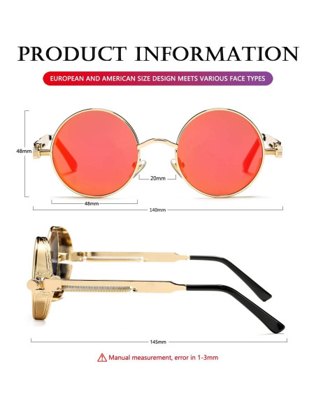 Gafas de sol redondas AIEYEZO steampunk doradas 48mm UV