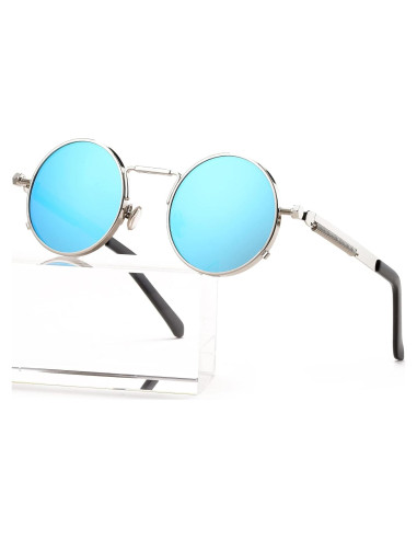 Gafas de sol redondas AIEYEZO plata espejo azul 50mm UV