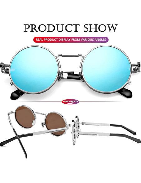 Gafas de sol redondas AIEYEZO plata espejo azul 50mm UV