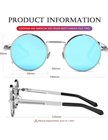 Gafas de sol redondas AIEYEZO plata espejo azul 50mm UV