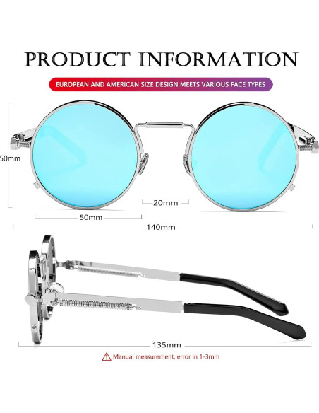 Gafas de sol redondas AIEYEZO plata espejo azul 50mm UV