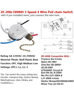 Interruptor de Ventilador de Techo Bsentster ZE-208s 3 Velocidades 4 Hilos 2