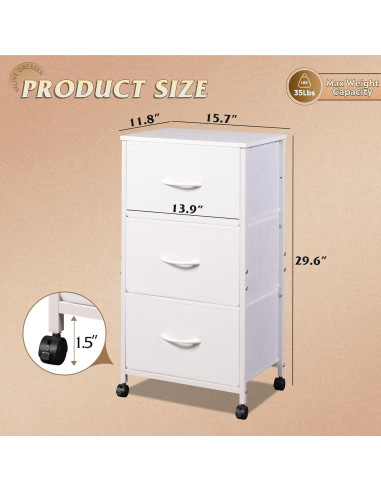 Cajonera WLIVE 3 Cajones con Ruedas, Blanco, 39.88x29.97x74.93 cm