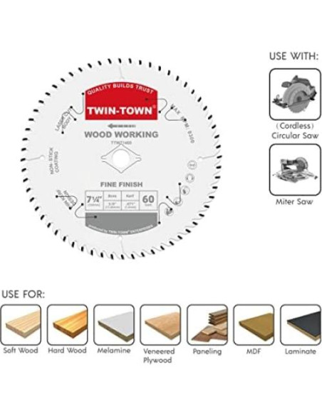 Sierra Circular 18.4 cm TWIN-TOWN 60 Dientes para Madera