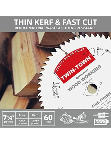 Sierra Circular 18.4 cm TWIN-TOWN 60 Dientes para Madera