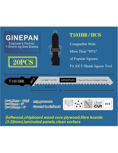 Cuchillas de sierra de calar T Shank GINEPAN T101BR 20PCS