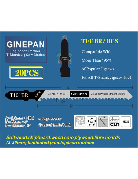 Cuchillas de sierra de calar T Shank GINEPAN T101BR 20PCS
