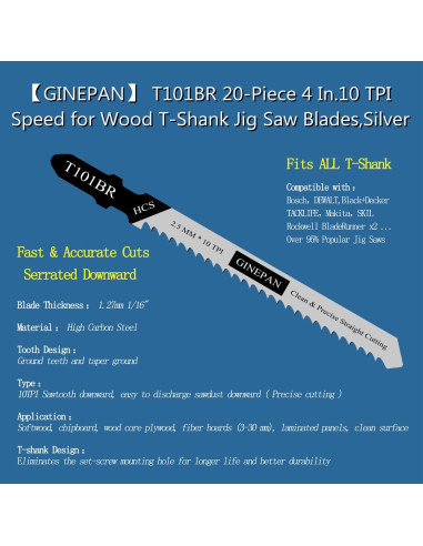 Cuchillas de sierra de calar T Shank GINEPAN T101BR 20PCS