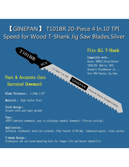 Cuchillas de sierra de calar T Shank GINEPAN T101BR 20PCS