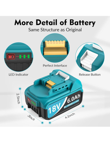 Paquete de 2 Baterías 6.0Ah Reemplazo Makita 18V con Cargador