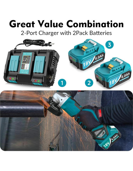 Paquete de 2 Baterías 6.0Ah Reemplazo Makita 18V con Cargador