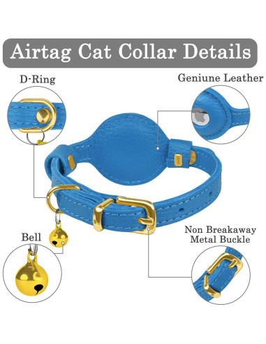 Collar de gato OOPSDOGGY de cuero para AirTag azul
