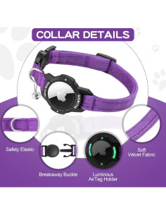 Collar GPS para Gato OUCWLTAG con Soporte AirTag Púrpura 7-10cm 2