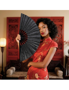 Abanico Plegable Grande TUZOKNI Negro Brillante 33.5 cm 2